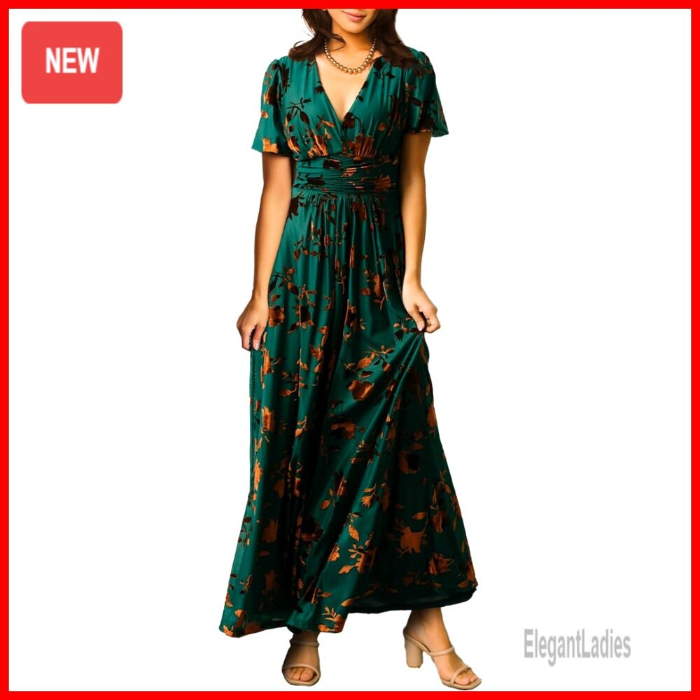 Velvet Maxi Dress V Neck Empire Waist Formal Wedding Guest Long Sleeve